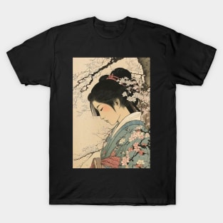 Ukiyo-e Japanese Art - Beautiful Woman Meditating Under a Cherry Blossom Tree T-Shirt